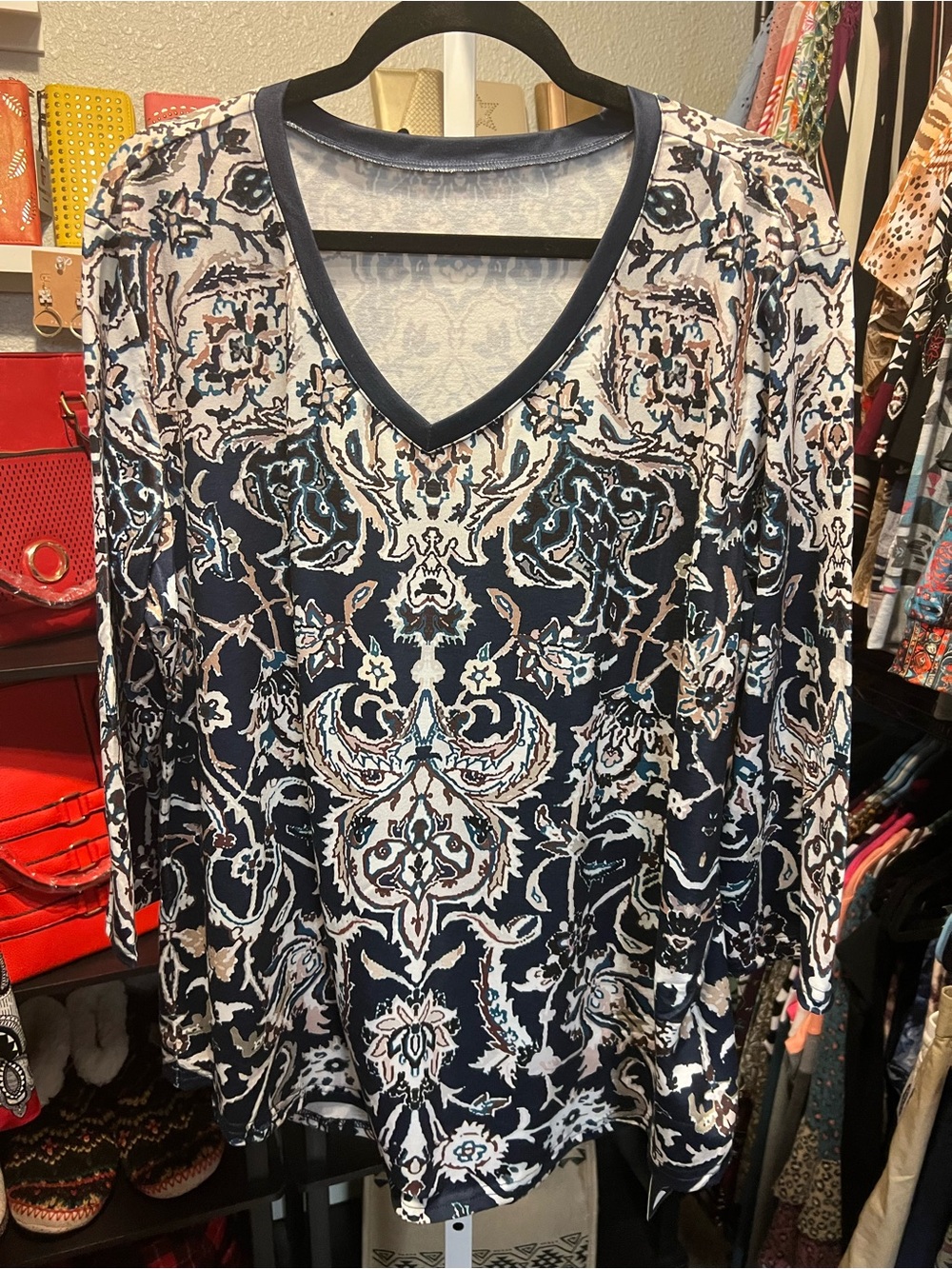 Floral & Medallion Print Top in Navy and Cream